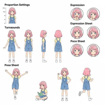 Anime girl character sheet with expressions