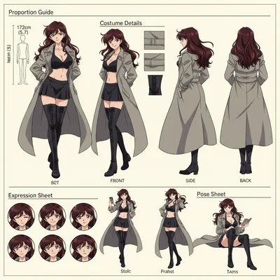 Detective style character design sheet
